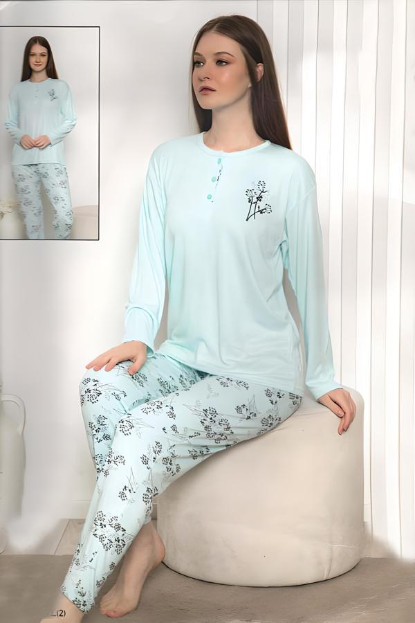 Fawn Kadın Çiçek Desenli 3 Düğmeli Uzun Kol Pijama Takımı (6800) - Image 1