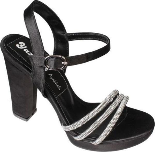YAZKIŞ Kadın Siyah Gümüş Saten 3Bantlı Taşlı 10cm Kalın Topuk 2cm platform Topuk Abiye Ayakkabı - Image 1
