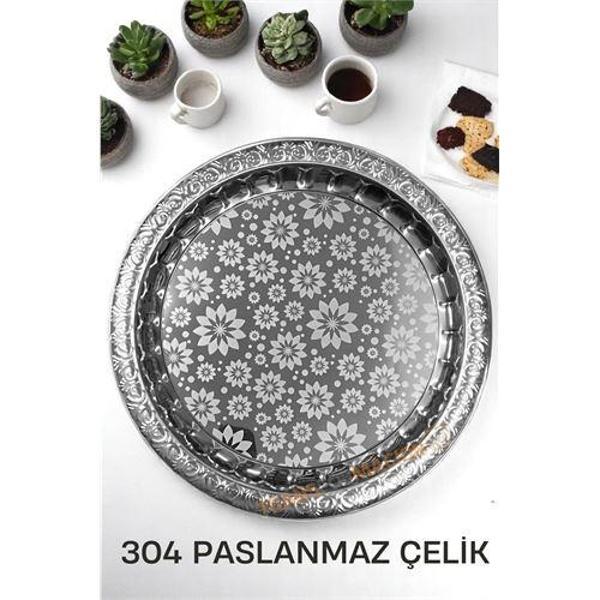Servis Tepsisi - Çelik Çay Tepsisi  Şık Desenli Tepsi 36 CM - Image 1