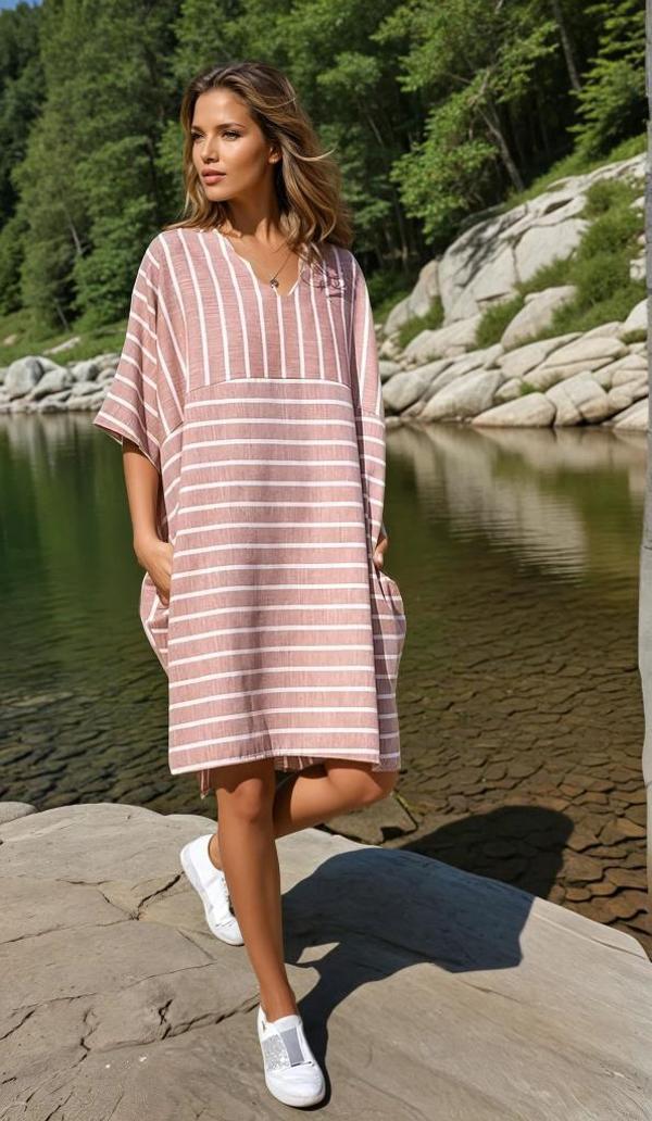 Kadın Keten V Yaka Çizgili Cepli Salaş Günlük Yazlık Giy Çık Oversize Elbise 3340286 - Image 1