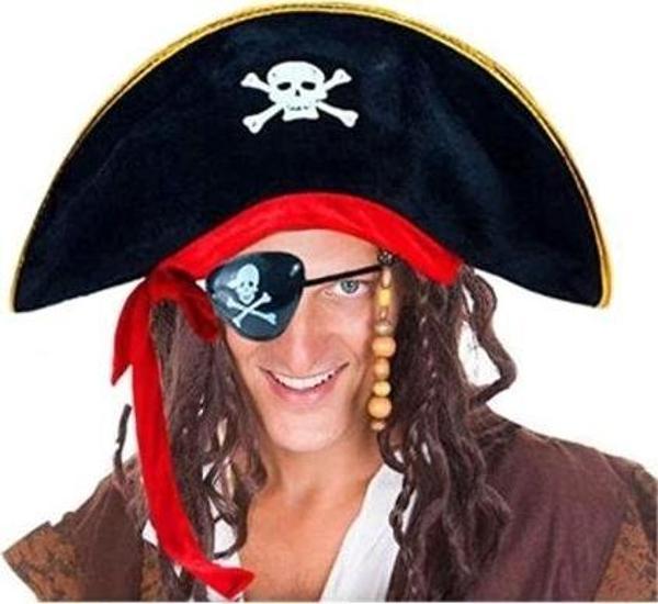 Yetişkin Boy Kadife Kaptan Jack Sparrow Korsan Şapkası Ve Plastik Korsan Göz Maskesi - Image 1