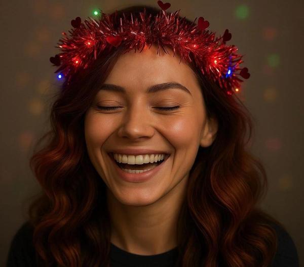Kalp Püsküllü Gece Parıltısı 3 Modlu Led39li Işıklı Taç Kırmızı Renk - Image 1