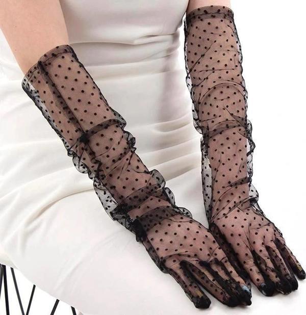 Uzun Boy Siyah Puantiyeli Siyah Renk Yetişkin Tül Eldiven 55 Cm - Image 1