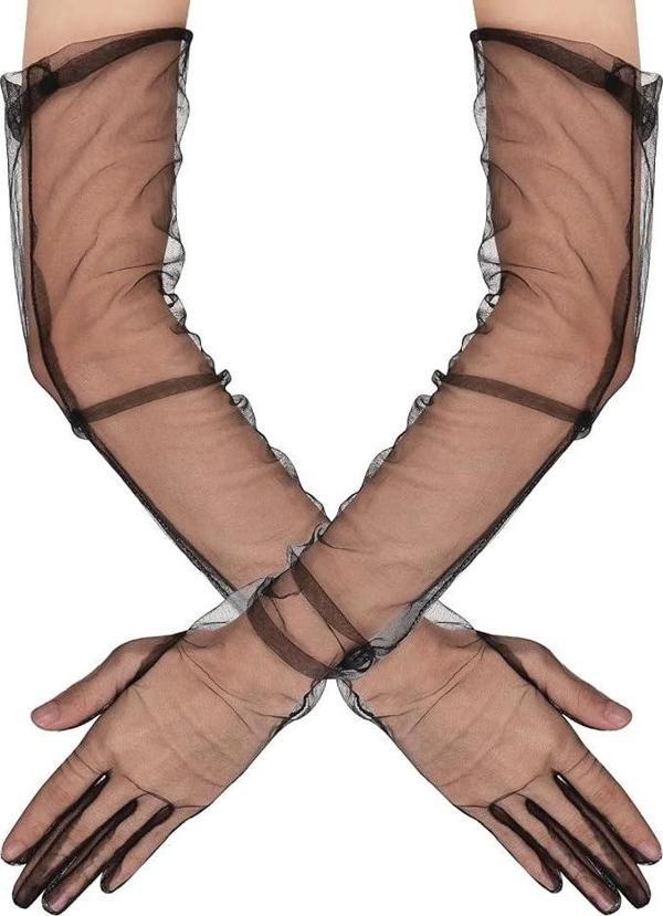 Uzun Boy Likralı Siyah Renk Yetişkin Mega Tül Eldiven 53 Cm - Image 1