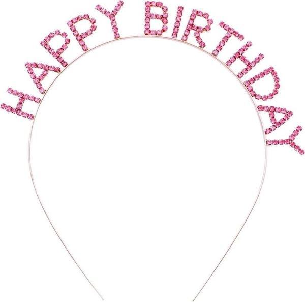 Pembe Renk Kristal Taşlı Gold Renk Kaplama Happy Birthday Taç 16x17 Cm - Image 1