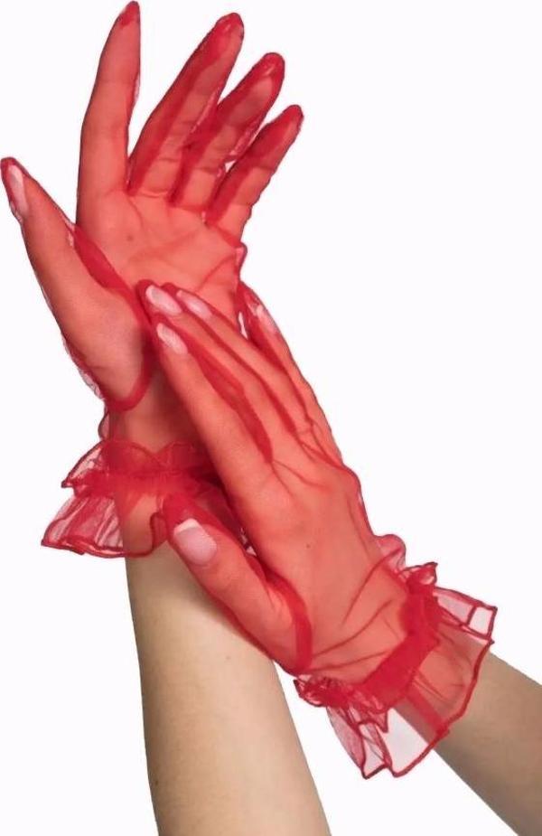 Kısa Boy Likralı Güpürlü Yetişkin Tül Eldiven Kırmızı Renk - Image 1