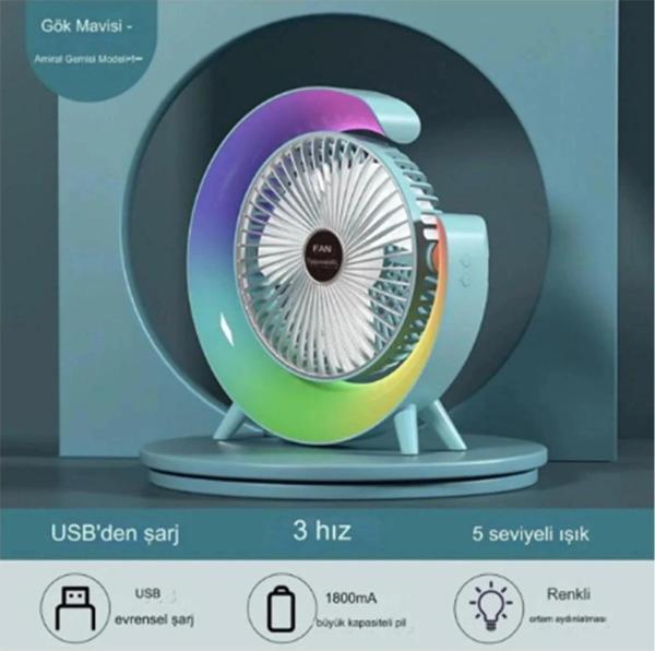 Masaüstü Vantilatör Usb Şarjlı Rgb Led Işıklı 3 Kademeli 180° Ayarlanabilir Soğutucu Fan Mavi - Image 1