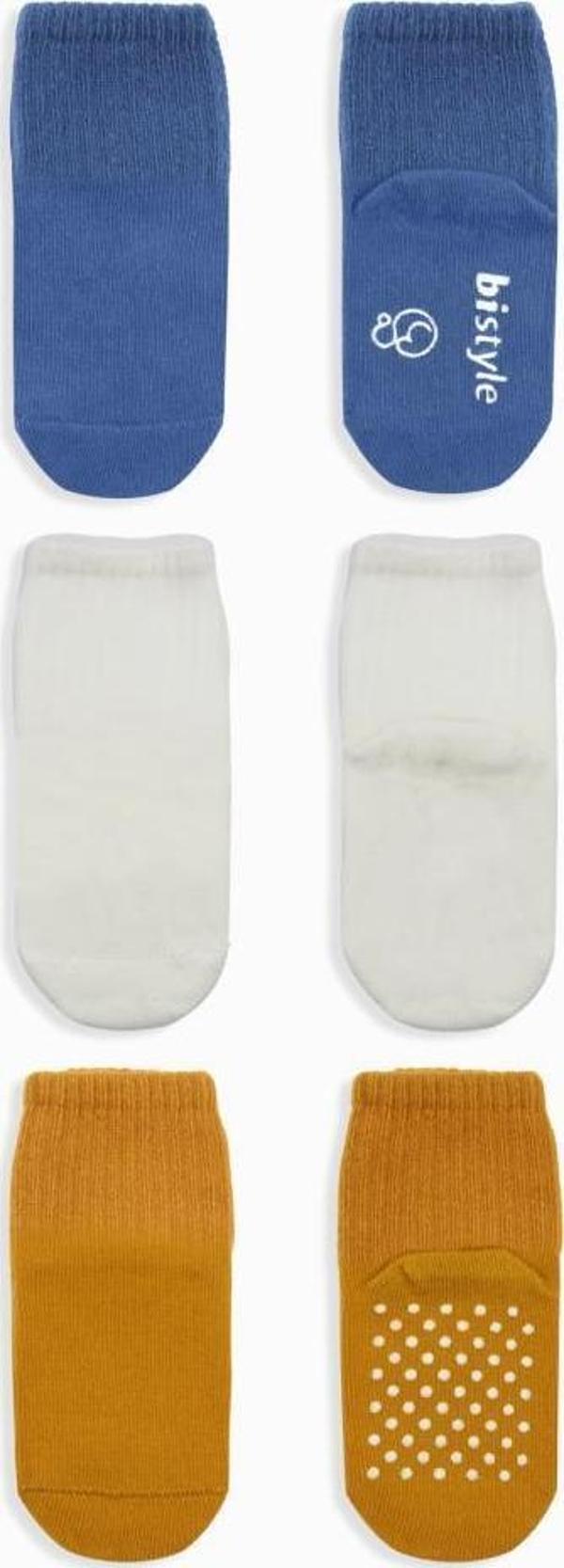 Nessiworld Bistyle Basic Kaymaz Penye Soket Çorap 3'Lü BS10107 İndigo Ekru Hardal - Image 1
