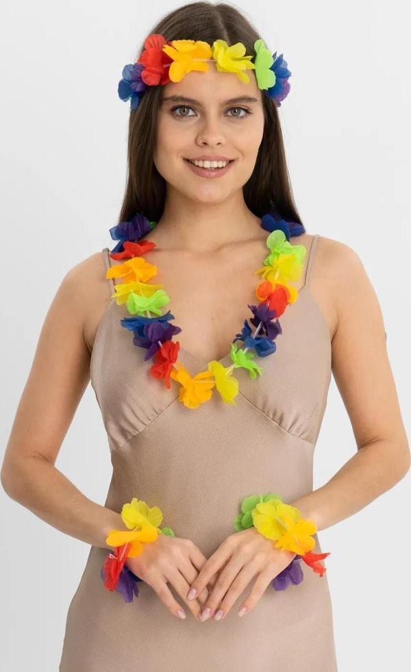 Rengarenk Hawaii Kolye Taç Bileklik Seti 4 Parça - Image 1