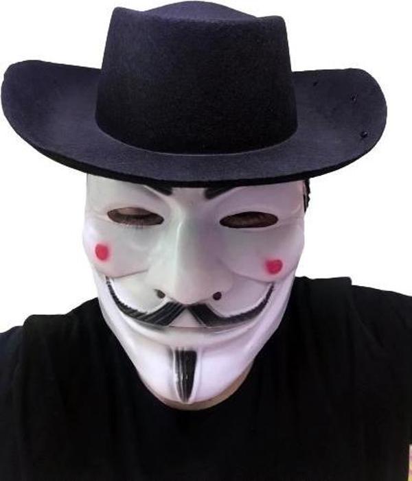 Siyah Renkli Delikli Çocuk Boy Vendetta Şapkası Ve Vendetta Maskesi - Image 1