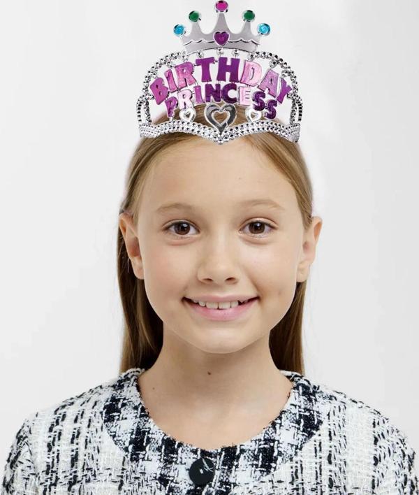 Gümüş Renk Taç Üzeri Pembe Birthday Prenses Yazılı Çocuk Parti Tacı 11x12 Cm - Image 1