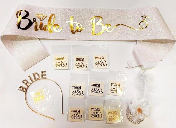 Altın Renk Bride Partisi Taç Kuşak Dövme Bileklik Seti Full 13 Parça - Image 1