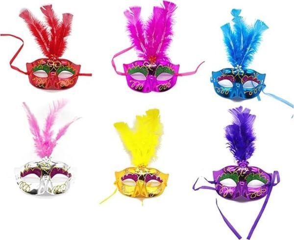 Renkli Tüylü Venedik Parti Maskesi Karışık Renk 12 Adet - Image 1