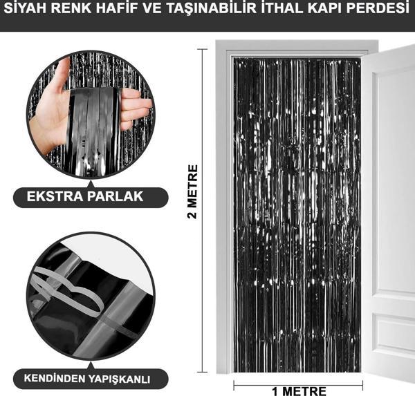 Siyah Renk Ekstra Metalize Parlak Saçaklı Arka Fon Perde İthal A Kalite 1x2 Metre - Image 1