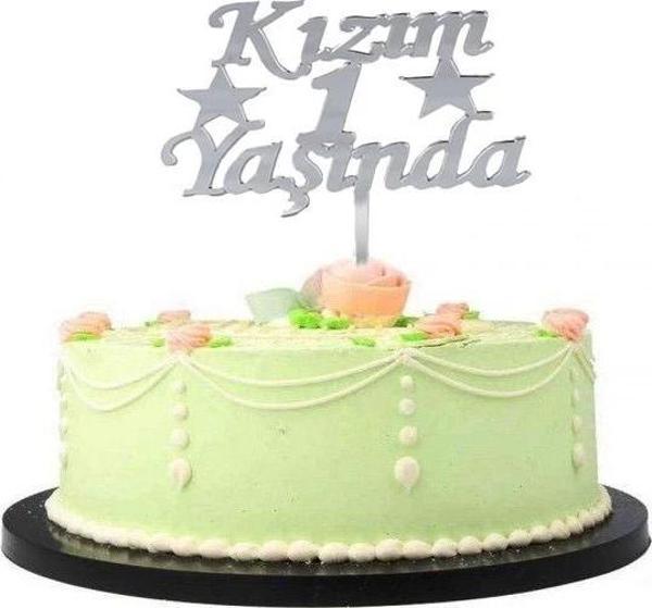 Kızım 1 Yaşında İlk Yaş Doğum Günü Partisi Pleksi Pasta Süsü Gümüş Renk - Image 1