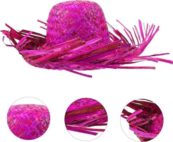 Tropikal Parti Pembe Fuşya Hasır Hawaii Şapkası 13x36 Cm - Image 1