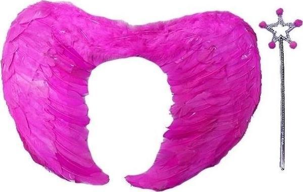 Gerçek Tüylü Katlanabilir Çocuk Pembe Melek Kanadı Ve Asa Seti 40x55 Cm - Image 1