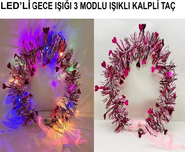 Kalp Püsküllü Gece Parıltısı 3 Modlu Led39li Işıklı Taç Fuşya Renk - Image 1