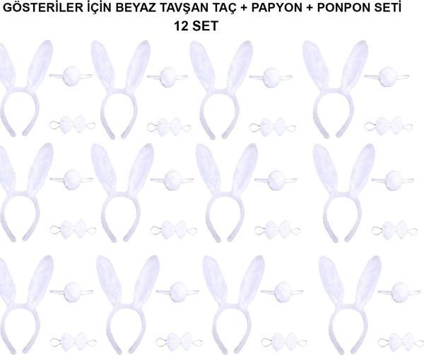 Beyaz Tavşan Kostüm Seti – Taç, Papyon, Kuyruk (12’li Paket) - Image 1