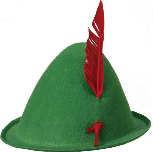 Yeşil Renk Kırmızı Tüylü Peter Pan Şapkası Robin Hood Şapkası 24x23 Cm - Image 1