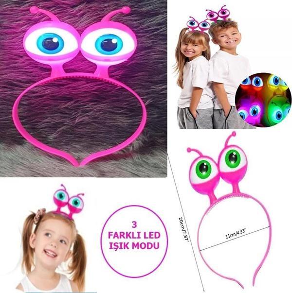 Led Işıklı  Pilli 3 Farklı Modda Yanan Uzaylı Göz Parti Tacı Pembe Renk 18x12 Cm - Image 1