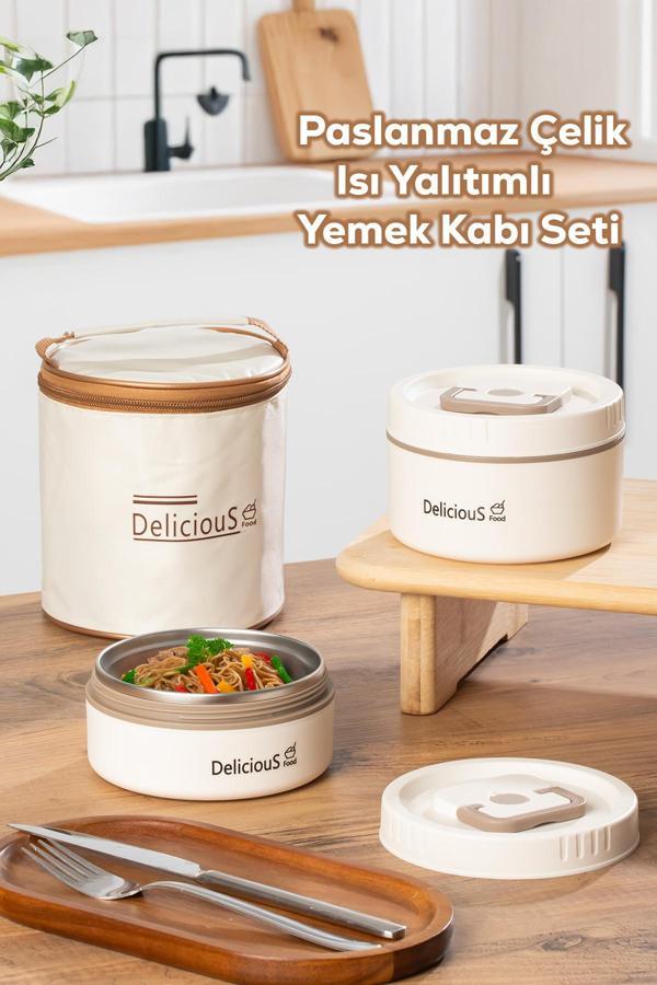 Porsima 3113 Isı Yalıtımlı Çanta Paslanmaz Çelik 2 Parça Vakumlu Yemek Termosu Beslenme Kutusu Taşınabilir Lunch Box Sefer Tası - Image 1