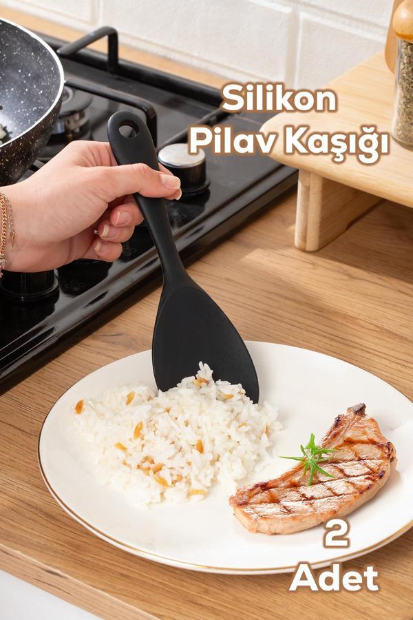 Porsima 5262 Sert Uçlu Silikon Pilav Kaşığı Dayanıklı Yanmaz Yapışmaz Çizmez Pilav Kepçe Kaşığı Siyah 2 Adet 22cm - Image 1