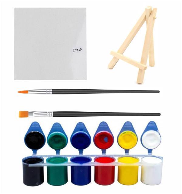 6'lı Akrilik Boya 6x25 Toplam 150 ML+ 2 Adet Fırça+1 adet 15x15 Pres Tuval+ 1 adet Mini Şövale - Image 1