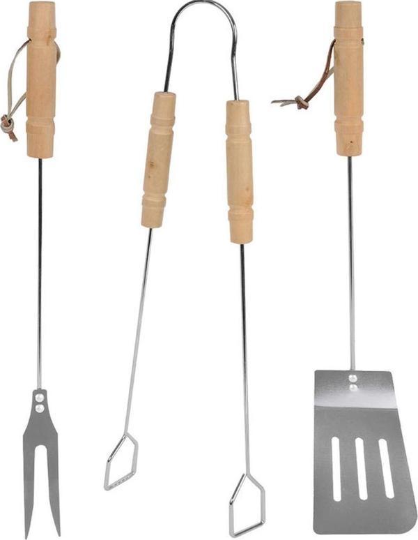 3'lü Set Ahşap Saplı Mangal Aksesuar Seti Maşa Spatula Çatal Krom Kaplamalı 43cm - Image 1