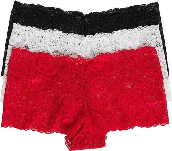 Kadın Siyah Beyaz Kırmızı 3'lü Paket Dantel Tanga Şort Külot - Image 1