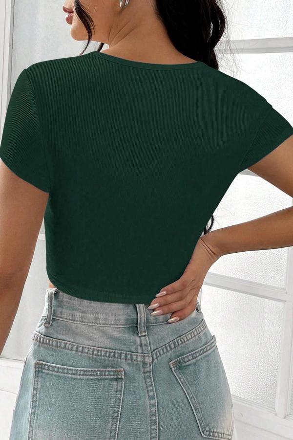 Kadın Yeşil Yarım Kol Düz Yaka Crop Top Bluz - Image 1