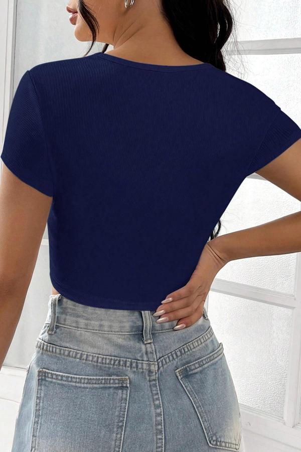 Kadın Lacivert Yarım Kol Düz Yaka Crop Top Bluz - Image 1