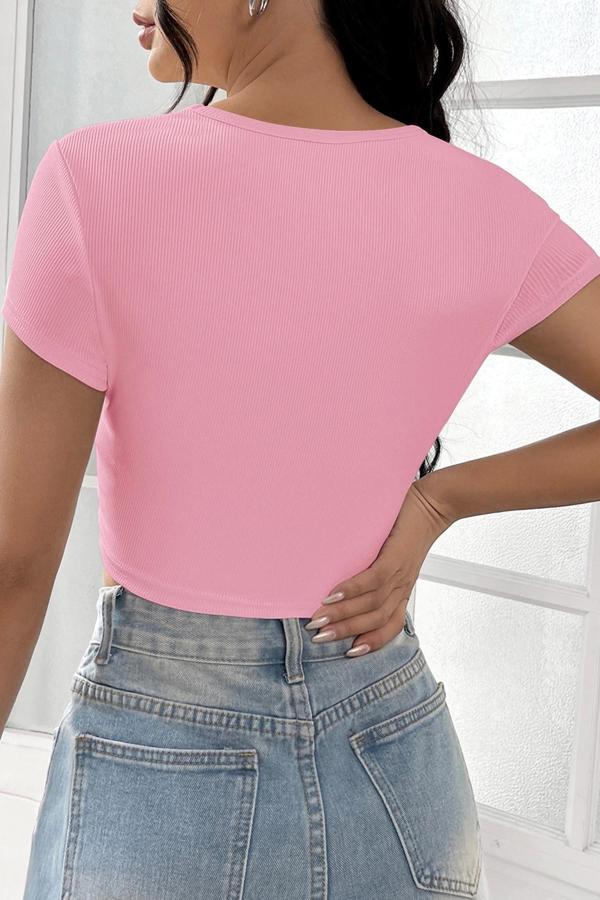 Kadın Pembe Yarım Kol Düz Yaka Crop Top Bluz - Image 1