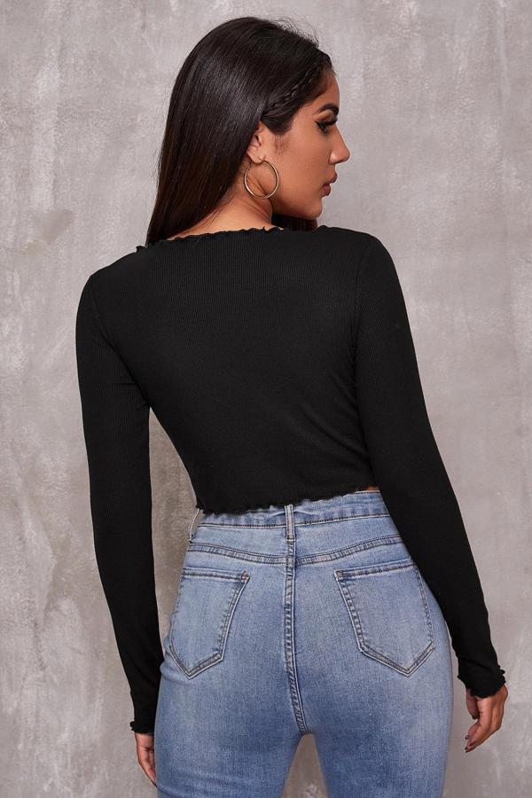 Kadın Siyah Uzun Kollu Büzdürme Bağcık Detaylı Crop Top Bluz - Image 1