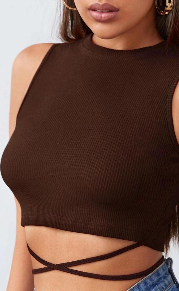 Kadın Kahverengi Çapraz Bağlamalı Crop Top Büstiyer - Image 1