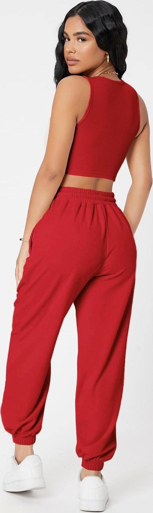 Kadın Kırmızı Kaşkorse Cepli Jogger Eşofman Altı ve Crop Top Bluz - Image 1