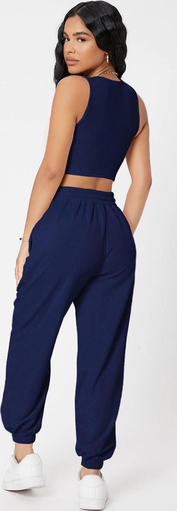 Kadın Lacivert Kaşkorse Cepli Jogger Eşofman Altı ve Crop Top Bluz - Image 1