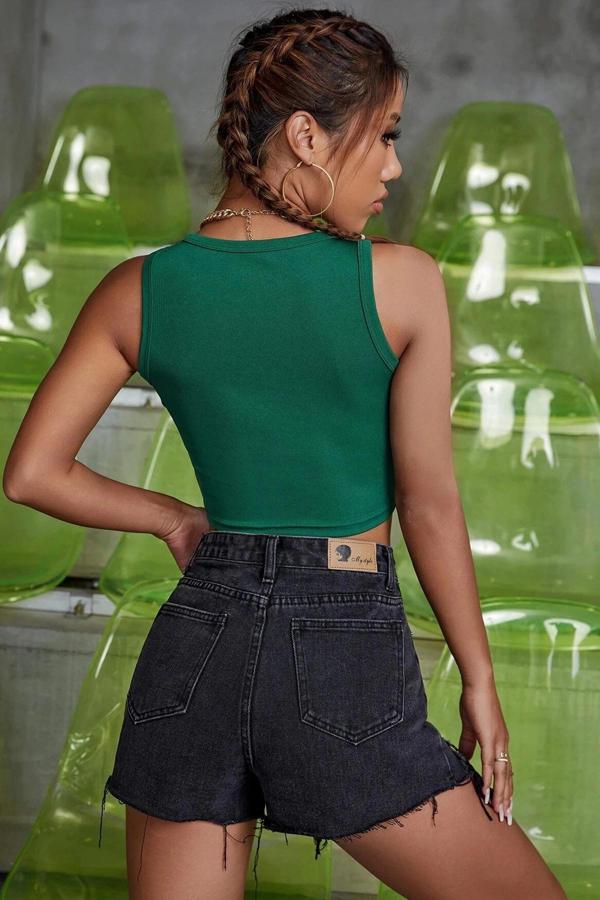 Kadın Yeşil Kare Yaka Crop Top Bluz - Image 1