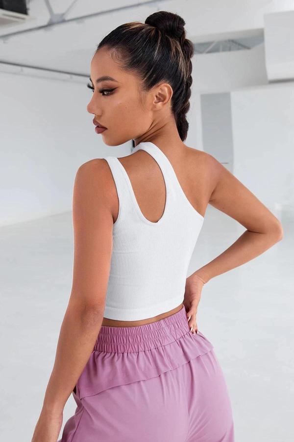 Kadın Beyaz Tek Omuz Cut Out Detaylı Crop Top Bluz - Image 1