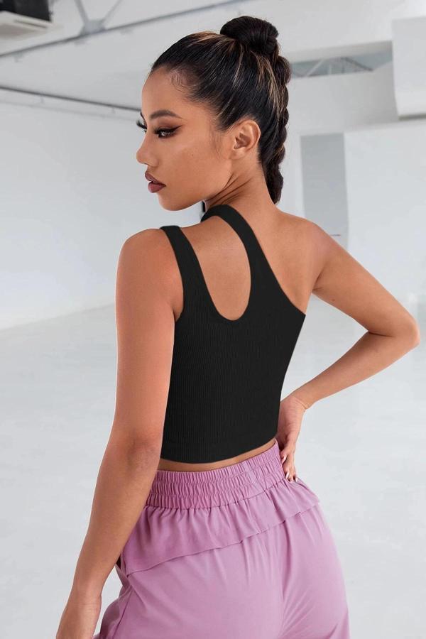 Kadın Siyah Tek Omuz Cut Out Detaylı Crop Top Bluz - Image 1