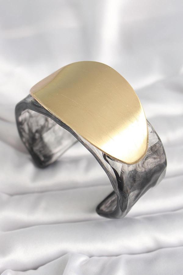 Siyah Mermer Desen Akrilik Plastik Gold Oval Plaka Model Vintage Kadın Bilezik - Image 1