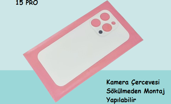 Tkgz - iPhone 15 PRO Arka Pil Batarya Kapağı - Cam kapak Geniş Lens Deliği - BEYAZ - Image 1