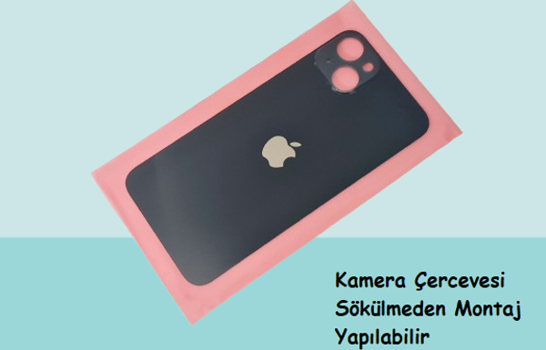 Tkgz - iPhone 14 Arka Pil Batarya Kapağı - Cam kapak Geniş Lens Deliği - SİYAH - Image 1