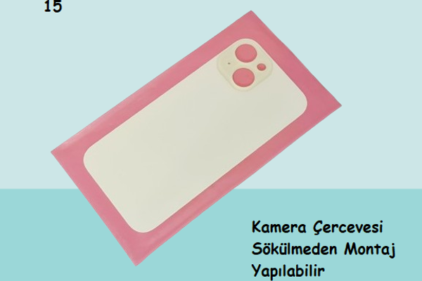 Tkgz - iPhone 15 Arka Pil Batarya Kapağı - Cam kapak Geniş Lens Deliği - BEYAZ - Image 1