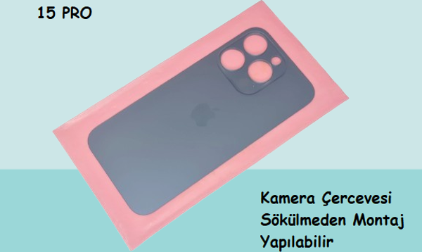 Tkgz - iPhone 15 PRO Arka Pil Batarya Kapağı - Cam kapak Geniş Lens Deliği - MAVİ - Image 1