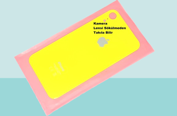 Tkgz - iPhone XR Arka Pil Batarya Kapağı - Cam kapak Geniş Lens Deliği - SARI - Image 1