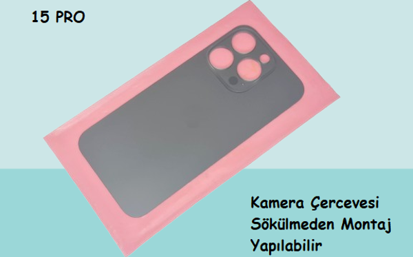 Tkgz - iPhone 15 PRO Arka Pil Batarya Kapağı - Cam kapak Geniş Lens Deliği - FÜME - Image 1
