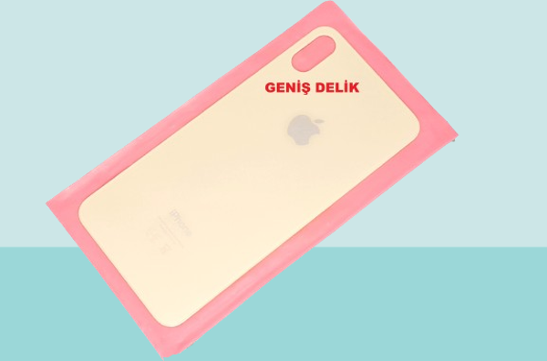 Tkgz - iPhone XS MAX Arka Pil Batarya Kapağı - Cam kapak Geniş Lens Deliği - GOLD - Image 1