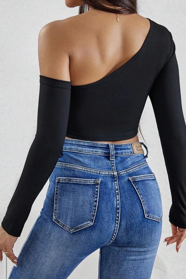 Kadın Siyah Tek Omuz Detaylı Uzun Kol Crop Top Bluz - Image 1