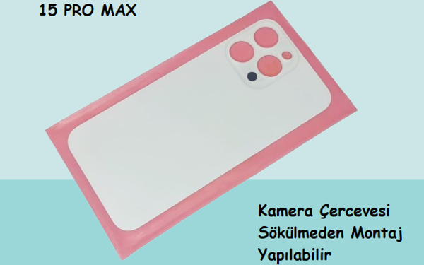 Tkgz - iPhone 15 PRO MAX Arka Pil Batarya Kapağı - Cam kapak Geniş Lens Deliği - BEYAZ - Image 1